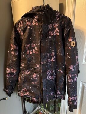Volcom Floral Print Hooded Jacket - Black with Pink Blossoms